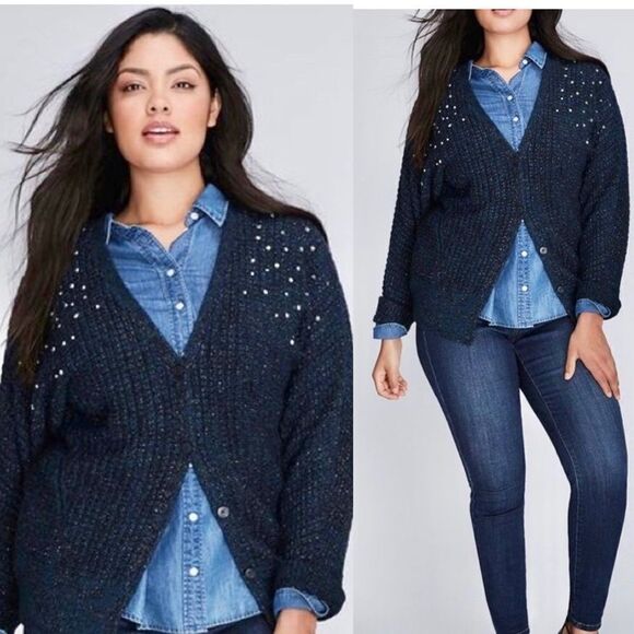 Lane Bryant navy Embellish button front Cardigan sweater wool nylon blend 18/20 - Picture 1 of 12